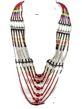6 Multi-Strand Glass Beaded Statement Necklace NWT Red Black White Green Yellow